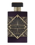 Maison Allamara Infini Elixir perfume bottle in a deep purple color with an Art Deco style gold pattern and a black cap, shown on a plain white background.