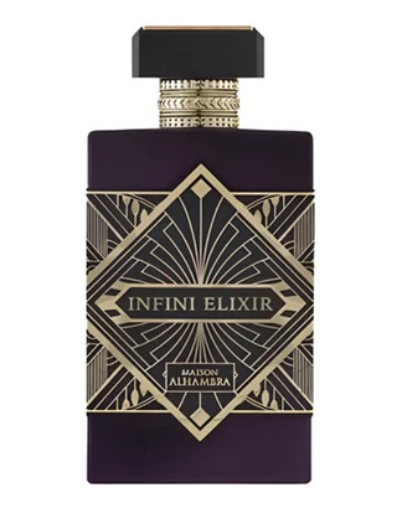 Maison Allamara Infini Elixir perfume bottle in a deep purple color with an Art Deco style gold pattern and a black cap, shown on a plain white background.