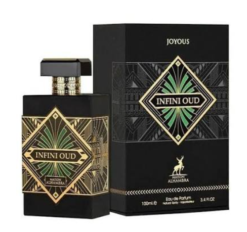 Almambra Infini Oud Eau de Parfum 100ml bottle and its black packaging box, both featuring a black and gold Art Deco diamond design with green accents.