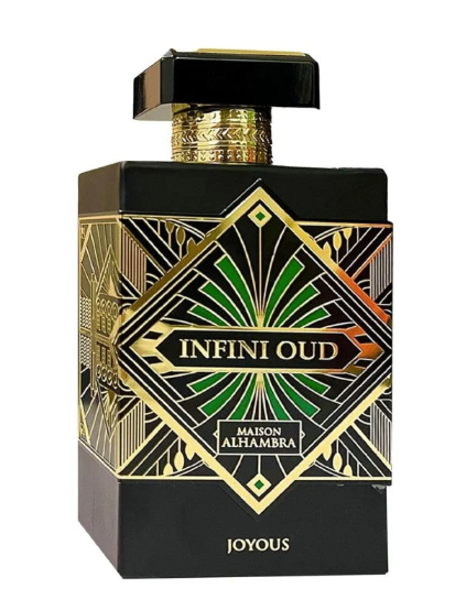 Maison Alhambra Infini Oud Joyous perfume bottle with a black and gold geometric Art Deco design and green accents, on a white background.