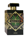 Maison Alhambra Infini Oud Joyous perfume bottle with a black and gold geometric Art Deco design and green accents, on a white background.