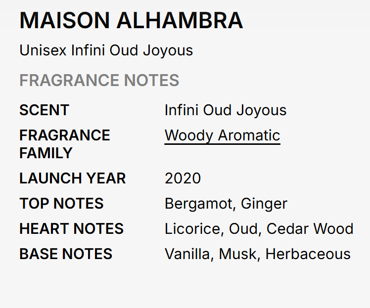 A text-based fragrance notes card for Maison Alhambra's Unisex Infini Oud Joyous, detailing scent, fragrance family (Woody Aromatic), launch year (2020), and top, heart, and base notes.