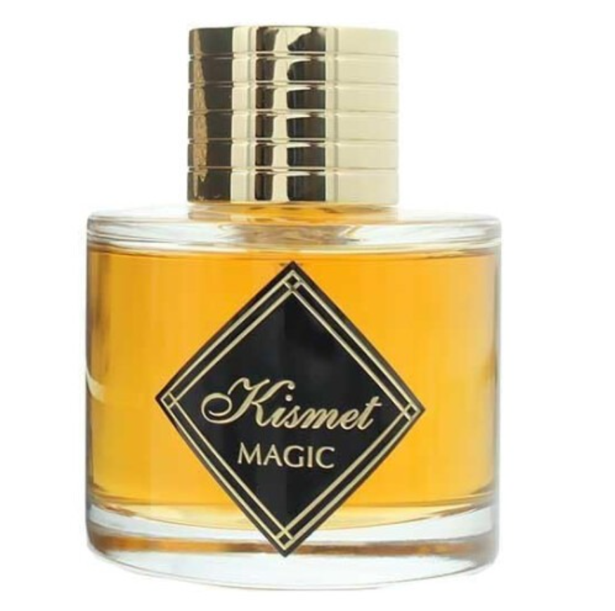 A bottle of Kismet Magic perfume with amber-colored liquid, a black diamond-shaped label with gold lettering, and a shiny gold cap, set against a plain white background.