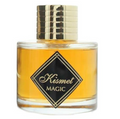 A bottle of Kismet Magic perfume with amber-colored liquid, a black diamond-shaped label with gold lettering, and a shiny gold cap, set against a plain white background.