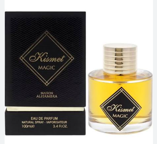 Maison Alhambra Kismet Magic Eau de Parfum bottle and its black packaging box with gold lettering, set against a plain white background.