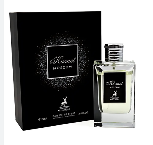 Kismet Moscow Eau de Parfum by Altamira, featuring a clear rectangular glass bottle with a silver cap next to its black packaging box with silver glitter details.