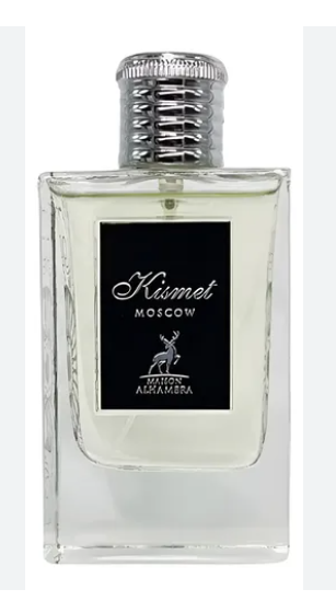 A clear rectangular glass perfume bottle with pale yellow liquid, a black front label reading 'Kismet Moscow' with a deer logo, and a silver ribbed cap, shown on a white background.