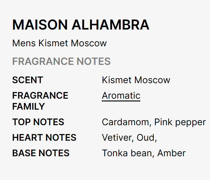 A text-based fragrance notes card for Maison Alhambra Mens Kismet Moscow, detailing scent, fragrance family, top notes, heart notes, and base notes on a light gray background.