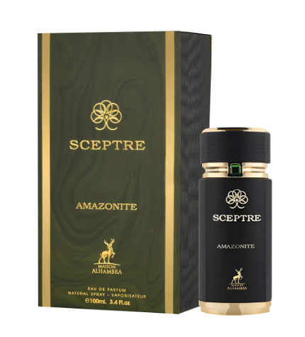 Sceptre Amazonite Eau de Parfum bottle next to its dark green and gold packaging box, featuring the Sceptre brand logo and name.