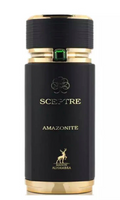 A black cylindrical perfume bottle with gold metallic accents and a small green gemstone detail, labeled 'SCEPTRE AMAZONITE' and 'MASCARATO ALLAMBERA'.