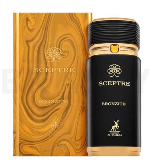 Sceptre Bronzite fragrance bottle next to its matching box, featuring a black bottle with gold lettering and a gold marbled box.