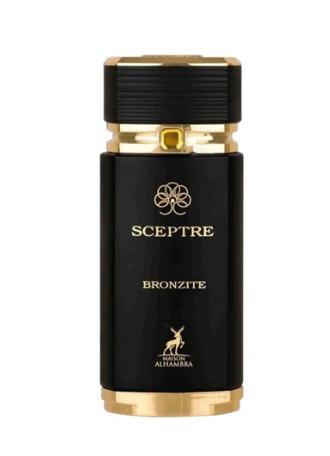 A black cylindrical perfume bottle with gold accents and lettering, labeled 'SCEPTRE BRONZITE' and 'ALHAMBRA', on a plain white background.