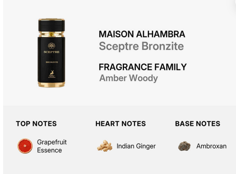 A fragrance bottle labeled Maison Alhambra Sceptre Bronzite with text describing the scent as amber woody, plus top notes, heart notes, and base notes listed below on a light gray background.