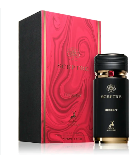 Sceptre Desert perfume bottle and its matching packaging box. The bottle is black with gold lettering and a small red accent on the cap, standing next to a black box with a vibrant red marbled pattern and gold borders.