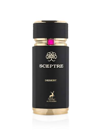 Sceptre Desert perfume bottle by Al Harama, featuring a matte black cylindrical body with gold metallic accents at the cap, base, and collar, and a small pink gemstone accent.