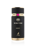 Sceptre Desert perfume bottle by Al Harama, featuring a matte black cylindrical body with gold metallic accents at the cap, base, and collar, and a small pink gemstone accent.