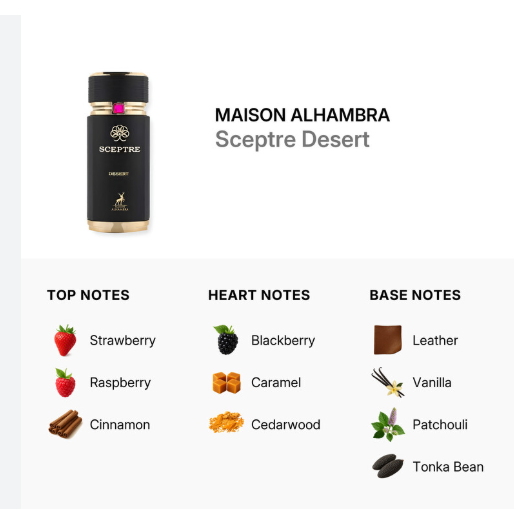 A product information graphic for Maison Alhambra Sceptre Desert perfume. It features a small bottle with a black label and gold cap on the top left, and text listing the top notes (Strawberry, Raspberry, Cinnamon), heart notes (Blackberry, Caramel, Cedarwood), and base notes (Leather, Vanilla, Patchouli, Tonka Bean) on a white background.