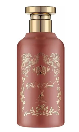 A dusty rose pink bottle with a gold cap and gold ornate floral detailing, featuring the text 'The Chant' and 'ALHAMARA' on the front, set against a plain white background.