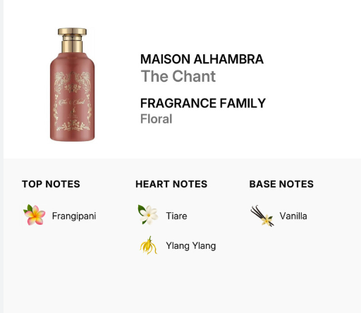 A digital graphic showing the Maison Alhambra 'The Chant' fragrance bottle on the top left, with text identifying it as a Floral fragrance family note. Below, a breakdown lists the top notes (Frangipani), heart notes (Tiare, Ylang Ylang), and base notes (Vanilla) with small flower and leaf icons.