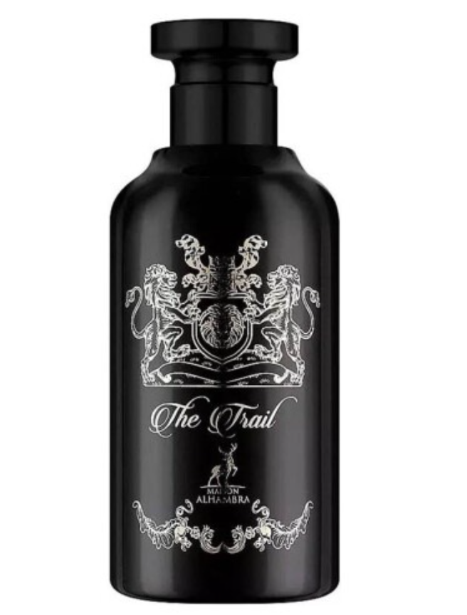 A black bottle of Alhambra 'The Trail' fragrance with ornate silver crest and script detailing, shown against a plain white background.