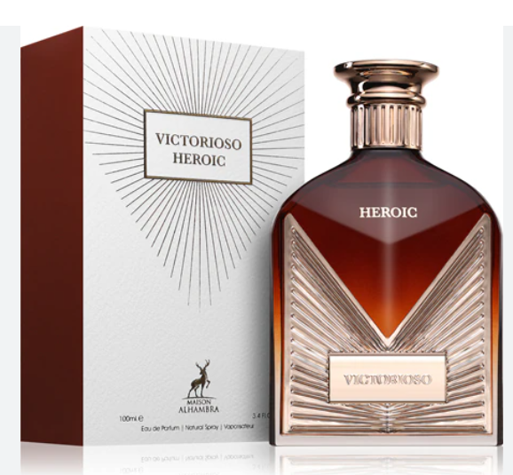 A bottle of Alejandro Alhambra Victorioso Heroic Eau de Parfum next to its white and dark brown packaging box, set against a clean white background.