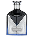 Victorioso Legacy cologne bottle with a glossy black upper section, a silver geometric lower section, and a blue gradient at the base, on a white background.