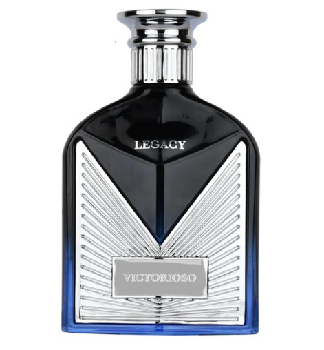 Victorioso Legacy cologne bottle with a glossy black upper section, a silver geometric lower section, and a blue gradient at the base, on a white background.