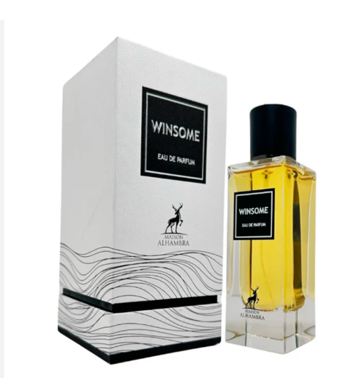 Winsome Eau de Parfum by Alhamabra, featuring a clear glass bottle filled with golden-yellow liquid and a white textured packaging box with black text and wave patterns.
