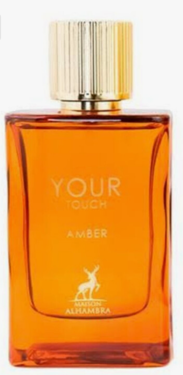 Maison Alhambra Your Touch Amber Perfume for Men and Women 3.4 oz EDP single rectangular amber burnt orange glass flacon with ribbed gold cap YOUR TOUCH AMBER gold text and gold Maison Alhambra deer logo on white background amber bergamot freesia jasmine cattleya orchid centifolia rose amber patchouli UPC 6290362340973