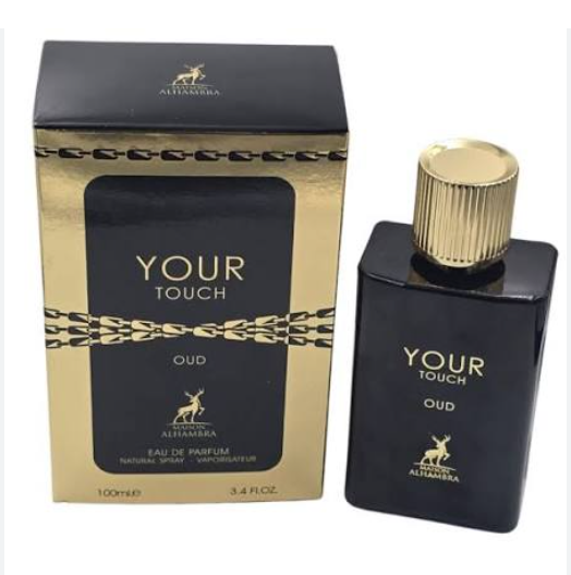 Alhambra Your Touch Oud Eau de Parfum bottle and its packaging box. The bottle is black with a gold cap, and the box is black and gold with the Alhambra deer logo.