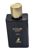 A black rectangular perfume bottle with a ribbed gold cap, labeled 'YOUR TOUCH OUD' and 'Majestic Alhambra', on a white background.