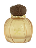 Maison London Coffee Blend perfume bottle with a ribbed gold glass body, a twisted dark brown cap, and a gold chain detail, on a white background.