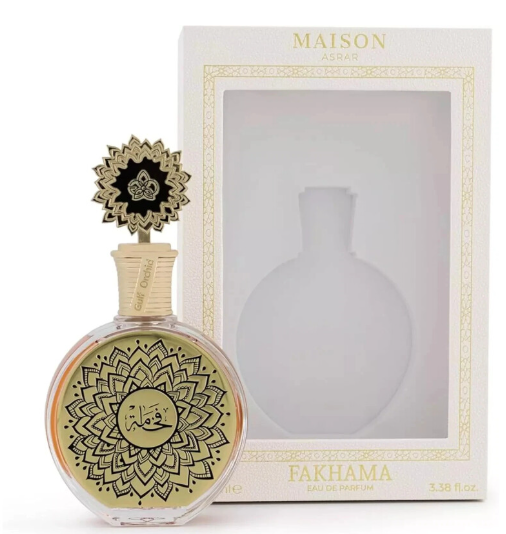 Maison Assouf Pakhama Eau De Parfum bottle with a gold and black mandala design, shown next to its white and gold window box packaging.