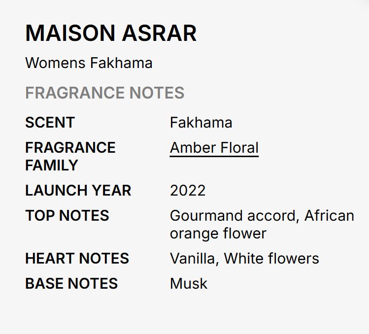 A text-based fragrance notes card for Maison Asrar Womens Fakhama, detailing the scent, fragrance family (Amber Floral), launch year (2022), top notes, heart notes, and base notes on a light gray background.