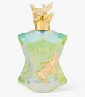 A faceted glass perfume bottle with a light green and pale yellow iridescent finish, topped with a gold cap featuring sculpted birds. The bottle is labeled 'LIBRAE' and decorated with gold bird motifs, set against a clean white background.