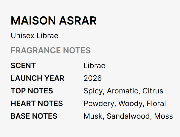 A text-based fragrance note card for Maison Asrar Unisex Librae, showing scent, launch year, top notes, heart notes, and base notes on a light gray background.