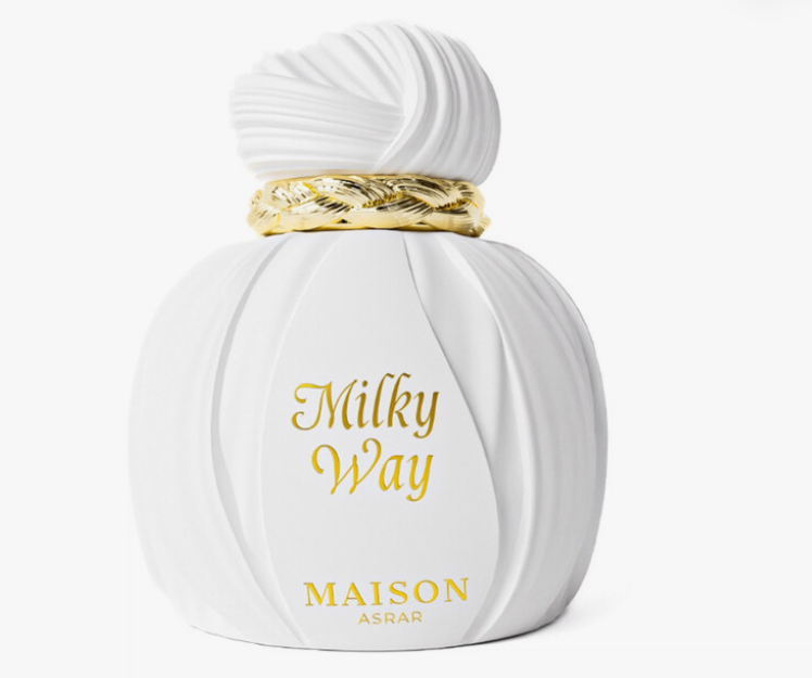 Maison Asrar Milky Way perfume bottle, featuring a white ribbed pear-shaped body with elegant gold lettering and a textured gold collar, set against a clean white background.