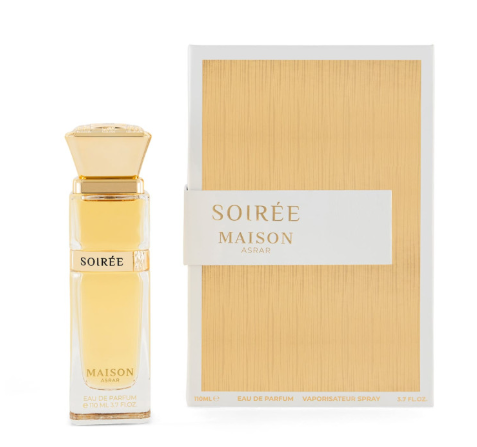 Maison Asmar Soirée Eau de Parfum bottle next to its packaging box, both featuring a light gold and white color scheme on a plain white background.