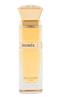 Maison Asrar Soirée Eau de Parfum bottle with a faceted gold cap and pale amber liquid, shown on a white background.