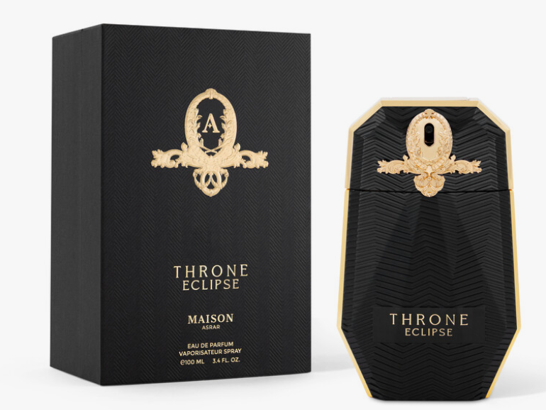 Maison Arena Throne Eclipse Eau de Parfum bottle and its black packaging box, both featuring a textured black design with gold lettering and a gold crest emblem.