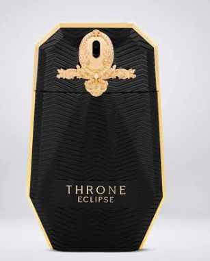 Throne Eclipse perfume bottle by Azzaro, featuring a black coffin-shaped design with gold trim, a gold winged emblem at the top, and gold lettering on a light gray background.