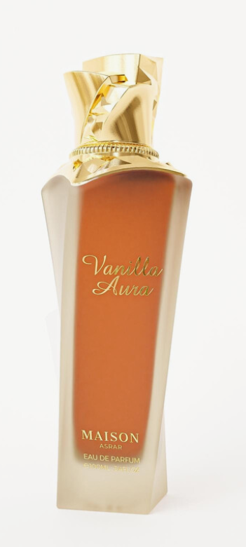 Maison Auber Vanier Auber Eau de Parfum bottle with a gold cap and amber-brown liquid inside a frosted glass bottle, on a white background.