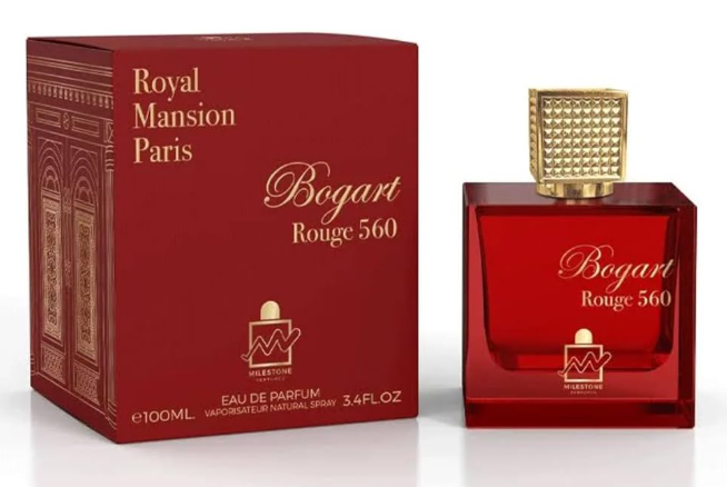Royal Mansion Paris Bogart Rouge 560 Eau de Parfum shown with its red box and matching red glass bottle with a gold cap on a white background.
