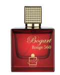 Bogart Rouge 560 perfume bottle by Milestone Parfums, featuring a deep red translucent glass bottle with gold lettering and a gold cap with a textured geometric pattern.