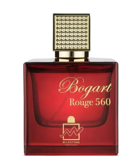 Bogart Rouge 560 perfume bottle by Milestone Parfums, featuring a deep red translucent glass bottle with gold lettering and a gold cap with a textured geometric pattern.