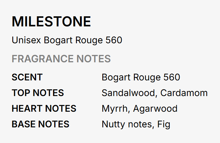 A text-based fragrance notes card for 'MILESTONE' Unisex Bogart Rouge 560, listing scent, top notes, heart notes, and base notes on a light gray background.