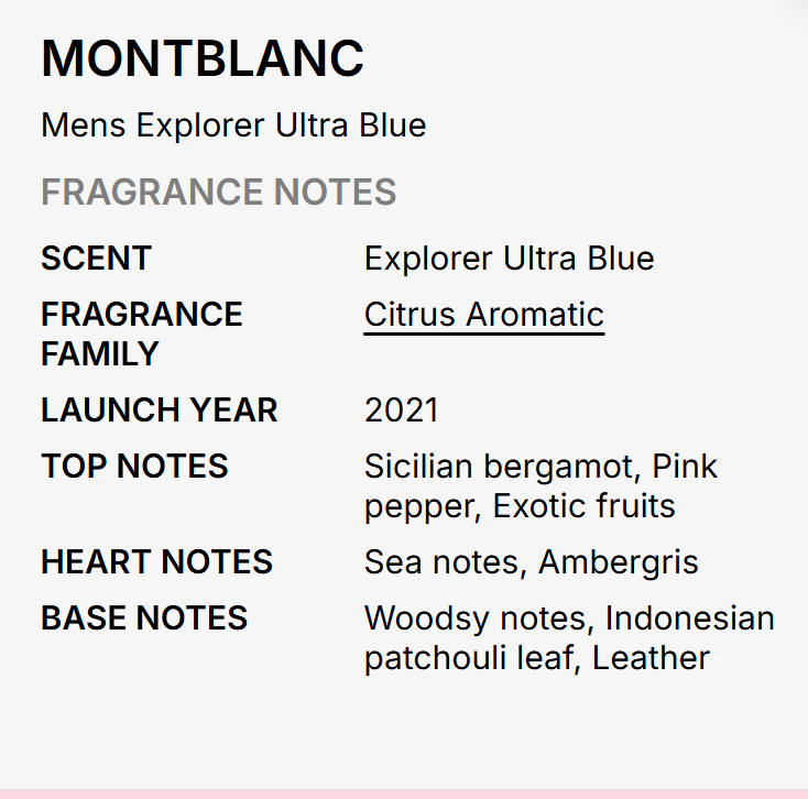 A text-based fragrance notes card for Montblanc Mens Explorer Ultra Blue, detailing the scent as Citrus Aromatic with notes of Sicilian bergamot, pink pepper, exotic fruits, sea notes, ambergris, and woodsy notes with leather.