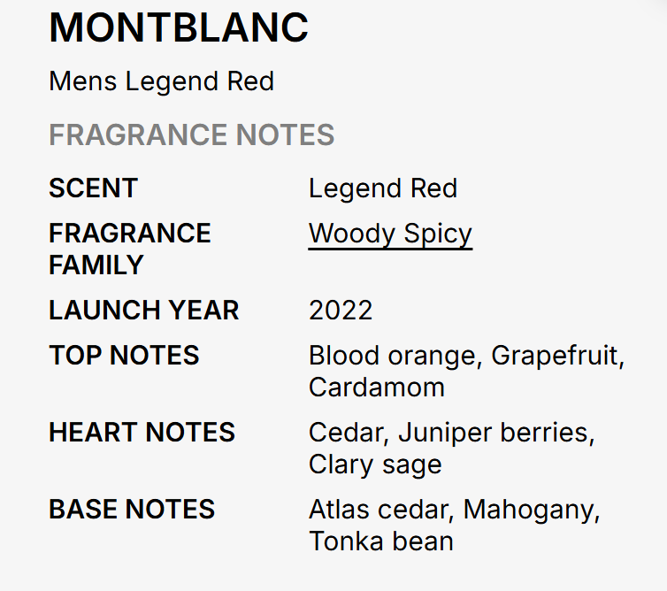 A text-based fragrance notes card for Montblanc Mens Legend Red, detailing the scent as woody spicy with notes of blood orange, grapefruit, cardamom, cedar, juniper berries, clary sage, and atlas cedar, mahogany, and tonka bean.