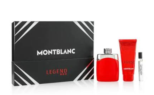 Montblanc Legend Red fragrance gift set featuring a black and white patterned box, a red perfume bottle, a red body lotion tube, and a small travel spray vial on a white background.