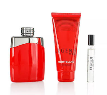 Montblanc Legend Red fragrance gift set featuring a red and silver perfume bottle, a red tube of body lotion, and a small clear travel perfume sample vial on a white background.